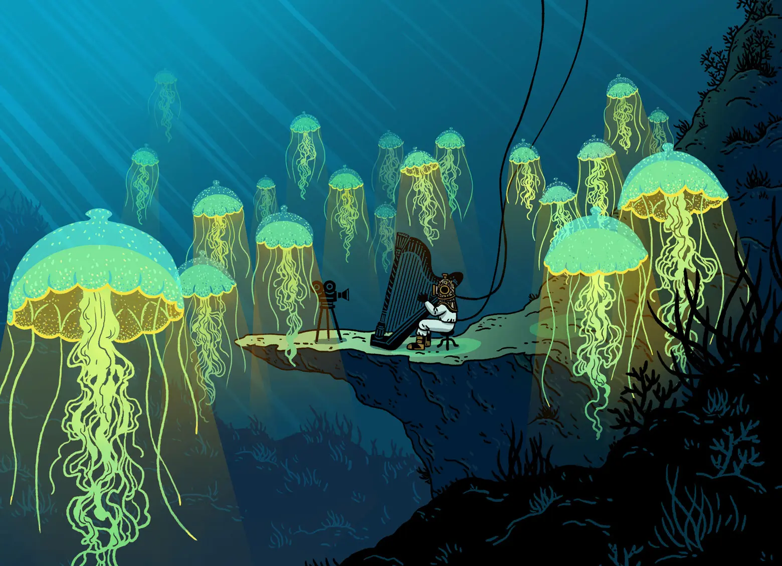 Sous la mer, une personne en scaphandre joue de la harpe, tandis que des belles meduses jeunes semblent l'écouter avec attention